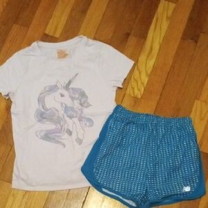 light pink Unicorn Graphic Tee & Blue Patterned Athletic Shorts girl 10/12